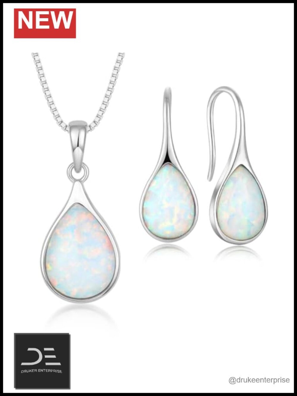 925 Sterling Silver Opal Teardrop Earring and Necklace Jewelry Set